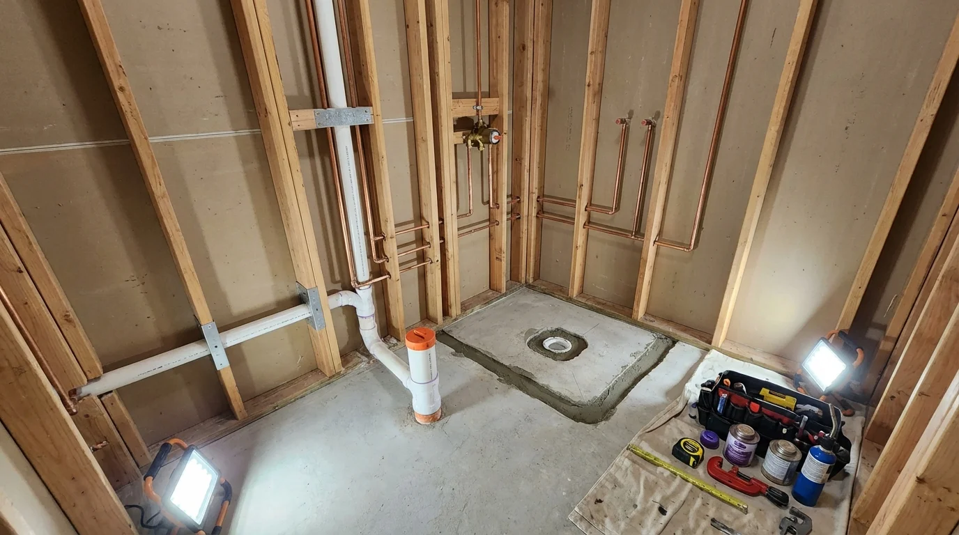Bathroom rough-in plumbing during remodel by Johns Plumbing LLC in Braham
