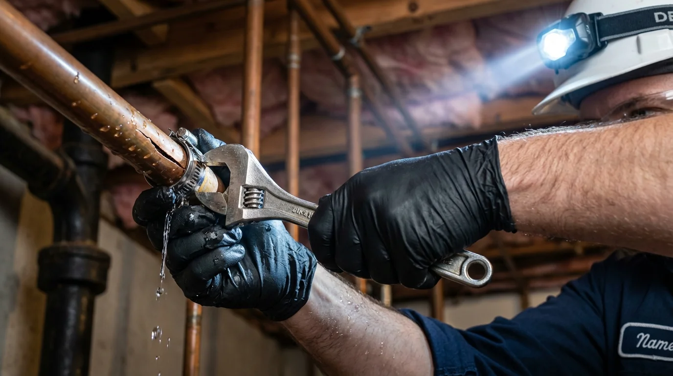 Emergency pipe clamp repair being performed by a Johns Plumbing LLC plumber in Braham