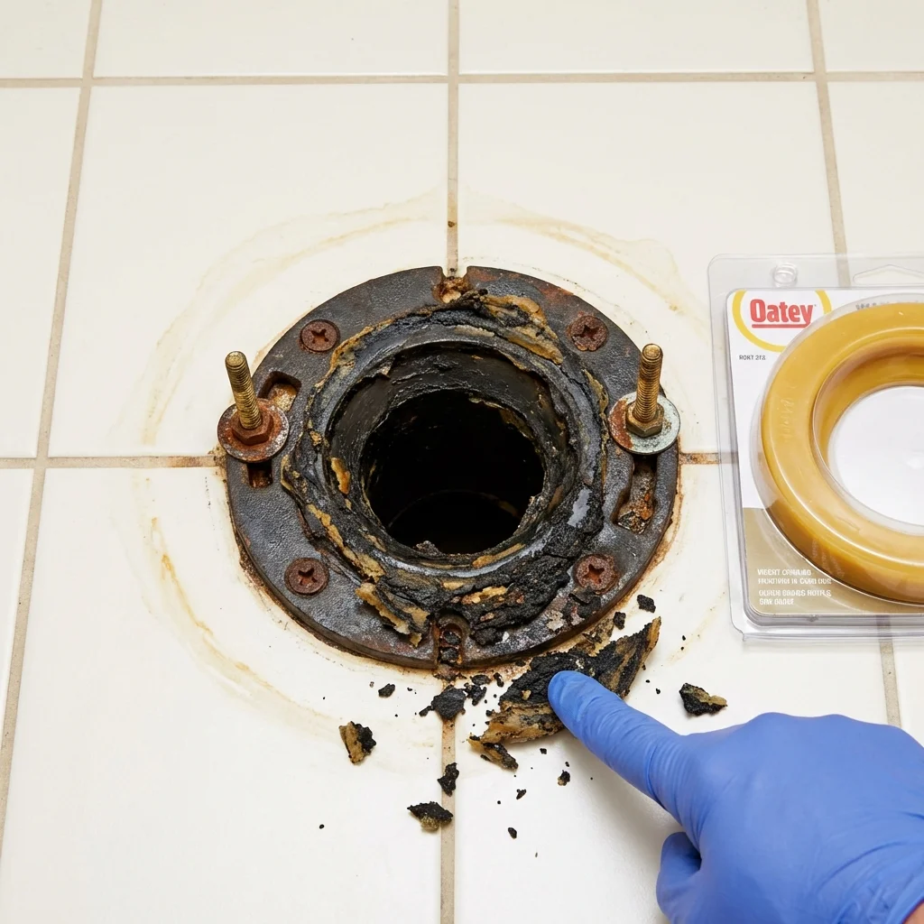 Failed wax ring showing water seepage at the base of a toilet in a Braham, MN home
