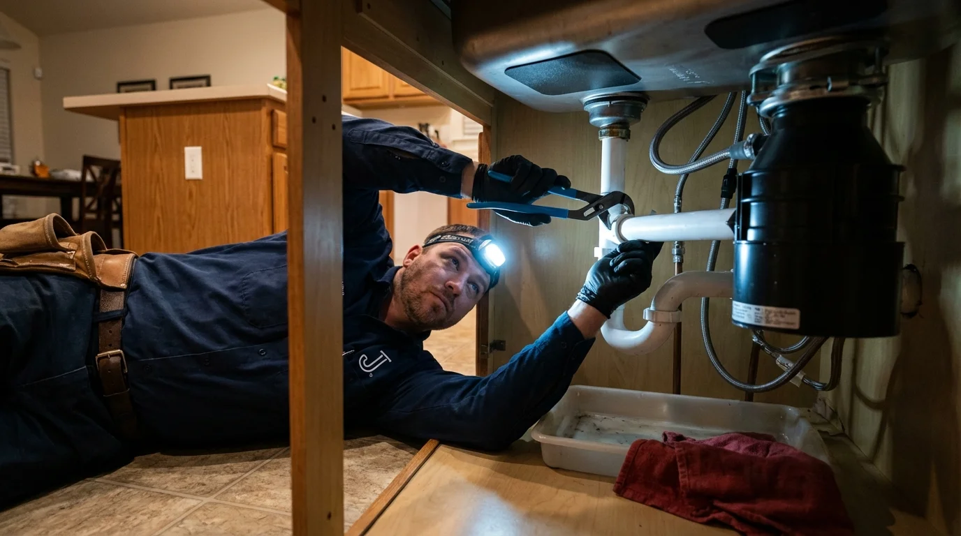 P-trap and supply line connections under a kitchen sink showing a common leak point in Braham, MN